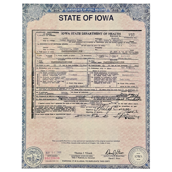 US IOWA Birth Certificate